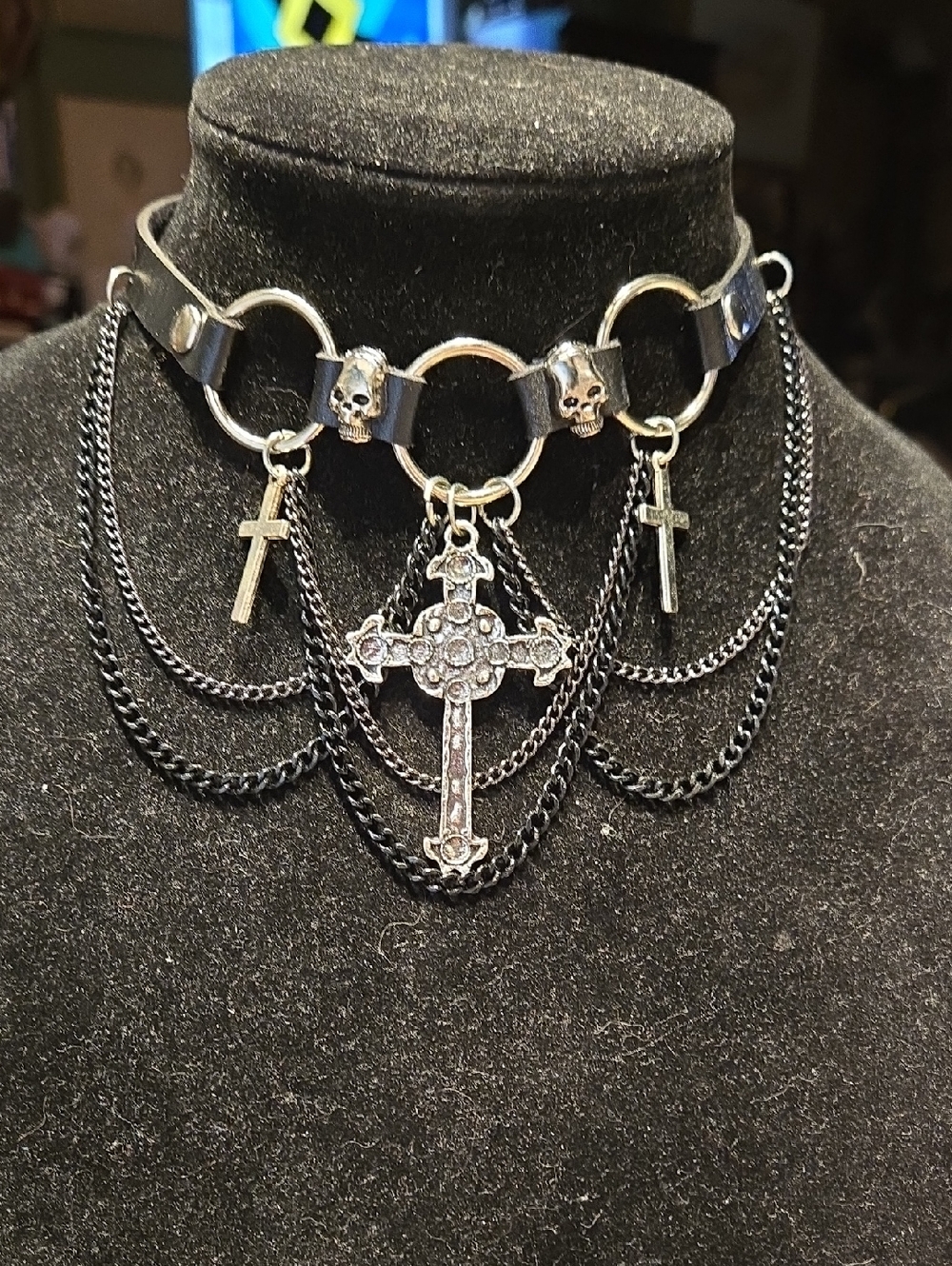 Skull & Cross Layered Black Choker Necklace